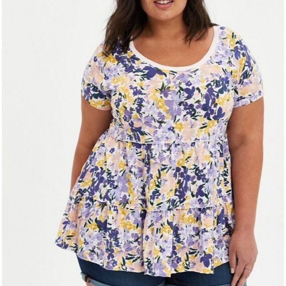 Torrid Womens Floral Slub Babydoll Top Plus Size 1X Tiered Garden Party Stretch